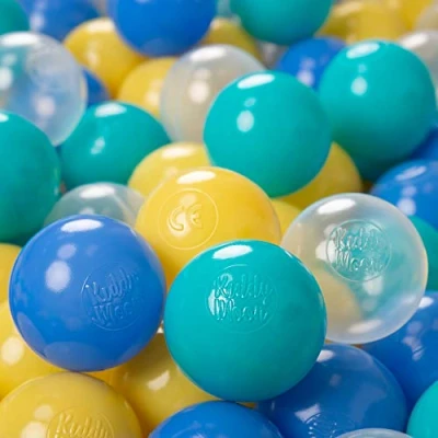 Immagine di KiddyMoon 100 ∅ 6CM Palline Morbide Colorate per Piscina Bambini Fatto in EU, Turchesa/Blu/Giallo/Trasparente
