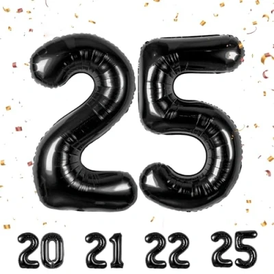 Immagine di Palloncini Compleanno 25 anni Noir 101 CM Palloncino Numero Gonfiabile in Foil Decorazioni di un uomo donna Vola con l&#039;Elio