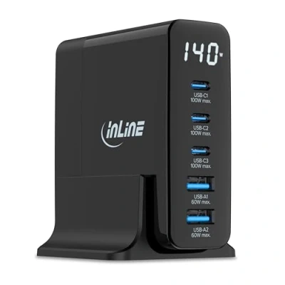 Immagine di InLine caricatore USB, 5 porte, display digitale con consumo di energia, 3 X USB C + 2 A, GaN, 140 W, rapido, PD3.0, QC3.0, alimentatore per iPhone/Pro/Mini, Samsung e altro ancora,