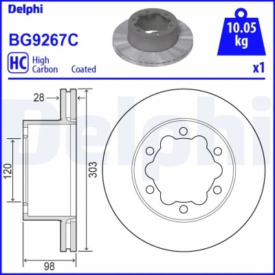 Immagine di DELPHI BG9267C Disco freno 303 28 6 ventilato rivestito ad alto tenore di carbonio senza cuscinetto ruota, anello sensore ABS