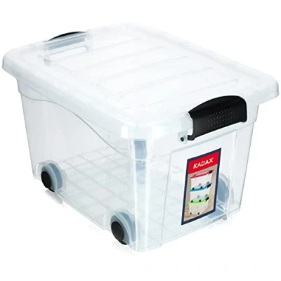 Immagine di KADAX Contenitore di Plastica con Ruote, 46,5x34,2x27,5cm, Scatola Deposito in Plastica, immagazzinaggio, Stoccaggio Coperchio a Fare Clic (20L, trasparente)