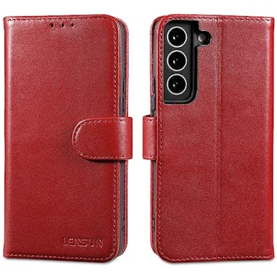 Immagine di Lensun Cover per Samsung Galaxy S22 5G, [RFID Blocking] Custodia in Vera Pelle Libro con Portafoglio Chiusura Magnetico Flip Custodie Cuoio Telefono 5G Rosso vino