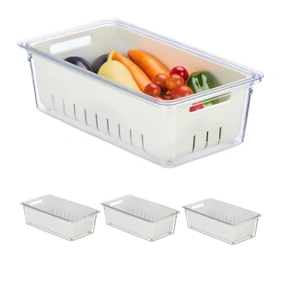 Immagine di Relaxdays Set di 4 Organizer per Frigorifero Contenitori Frigo con Coperchio, da 4, Impilabili, Cestelli Scola Verdure, Box Alimenti, Trasparente, Plastica, 10 x 32 17,5 cm ca