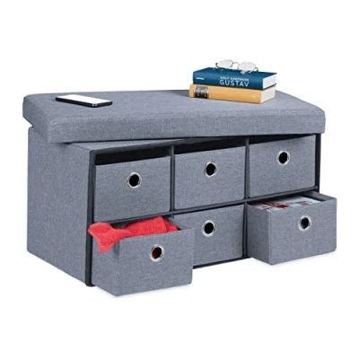 Immagine di Relaxdays Panca Contenitore con 6 Cassetti, Pieghevole, Ingresso o Camera Letto, HLP: 39x76x38 cm, Porta Giochi, Grigio, 70% Fibra di Legno, 1 pz