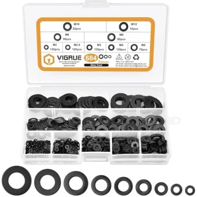 Immagine di VIGRUE Set di 684 rondelle piatte, in acciaio inox, assortimento M2 M2.5 M3 M4 M5 M6 M8 M10 M12 (nero)