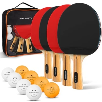 Immagine di PRO SPIN Ping Pong Set da Tavolo di Alta qualità Racchette pong, Palline a 3 Stelle, Custodia Compatta 4 Giocatori Gioco Interni o Esterni