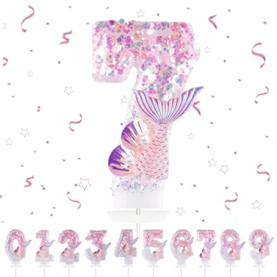Immagine di candele di compleanno con numeri 7,3D, sirene rosa, 7, decorazione per torte, compleanni, decorazioni