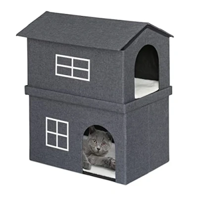 Immagine di Relaxdays Casetta per Gatti, Rifugio Soffice, Cuccia Pieghevole a 2 Entrate, HxLxP: 71,5 x 62,5 44 cm, Grigio Scuro