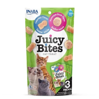 Immagine di INABA Juicy Bites Bocconcini per Gatti Gusto Calamari e Brodo 1 Busta (3 Packs x 11,3gr) Snack Semi Umido in Forme Diverse Cibo Senza Conservanti o Coloranti Artificiali
