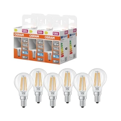 Immagine di OSRAM Lampada LED Star Globe P40 Filament, 6500 K luce bianca fredda diurna, 3,4 W, E14, trasparente, 470 lm, per apparecchi da tavolo e a sospensione, 15.000 ore,6 Pack