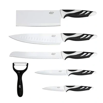 Immagine di Cecotec Swiss Chef Knife Set Impugnatura con inserti in silicone, rivestimento antiaderente ceramica, bianco e nero, presentato un astuccio