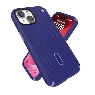 Immagine di Speck Custodia per iPhone 15 ClickLock antiscivolo Interlock, MagSafe, presa di protezione contro le cadute 15, 14, 13 6,1 pollici Presidio2 Grip Future blu/viola