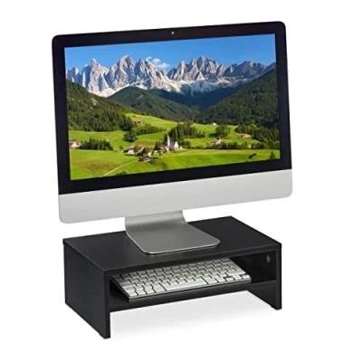 Immagine di Relaxdays Supporto per Monitor, Alza Schermo con Scomparto, Accessorio da Ufficio, Mobiletto la Scrivania, Nero, 1 pz