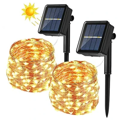 Immagine di [2 Pezzi] Catena Luminosa Solare, BrizLabs 14m 120 LED Stringa Luci Solari Impermeabile Decorative da Interni e Esterni per Giardino, Patio Albero Festa Natale Halloween Matrimonio, Bianco Caldo