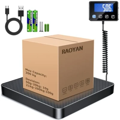 Immagine di RAOYAN Bilancia per Pacchi, Digitale ad Alta Precisione da 200 kg/10 g con Funzione Hold/Tara, Postale Display LCD a Parete Pacchi/Magazzino/Bagagli