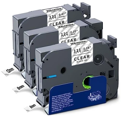 Immagine di Xemax Compatibile Nastro 6mm/9mm/12mm x 8m Sostituzione per Brother PT Tze 111 121 131 Nero su Trasparente Laminato Cassette H110 H105 D200 D400 D600VP E100 1010, 3 Pacco