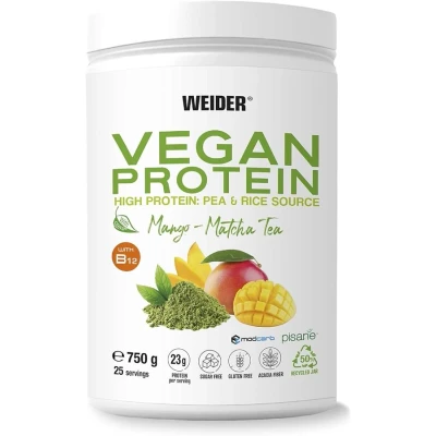 Immagine di Weider Vegan Protein (750g) Gusto Mango Matcha. Proteine Vegane 23g/dose isolate di piselli e riso, Con Vitamina B12, Stevia, Senza Glutine, Zucchero, Contenitore 50% Riciclato, 100% Riciclabile