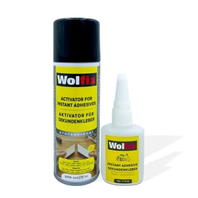 Immagine di Wolfix Super Attack Colla 50g Attivatore Cianoacrilica 200ml Extra Forte per Tessuti, Scarpe, Legno, Ceramica, Metallo e Tutto Bicomponente İmpermeabile Trasparente
