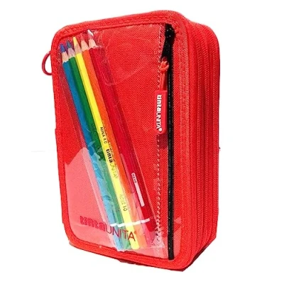 Immagine di FCP Astuccio Scuola Tinta Unita 4 zip completo Rosso + 5 Pastelli omaggio portachiave fischietto
