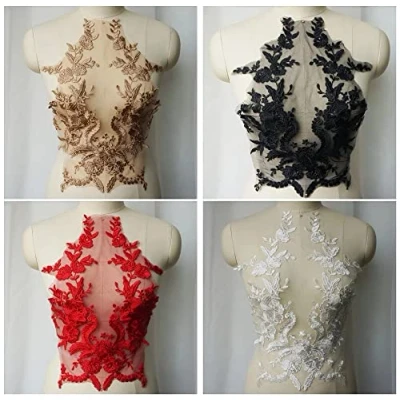 Immagine di Yulakes Applicazione in pizzo 3D, ricamato, con scollo a fiori, strass, tulle, per il fai da te, adatto abiti sposa (colore nero)