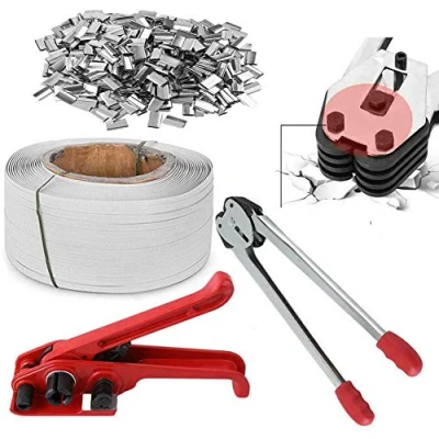 Immagine di Set reggiatura manuale macchina imballatrice con tenditore da 1200 m e 1000 clip per nastro in plastica PP/PET