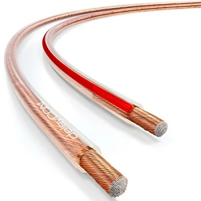 Immagine di deleyCON 10m Cavo per Altoparlanti 2x 1,5mm² Alluminio Rivestito in Rame CCA Marcatura di Polarità 2x48x0,20mm Treccia BauPVO/CPR Trasparente
