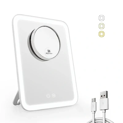 Immagine di EMKE specchio cosmetico con illuminazione, 3 colori chiari e 1/3 x ingranditore luce a 180 girevole USB ricaricabile, per trucco ingrandimento (bianco)