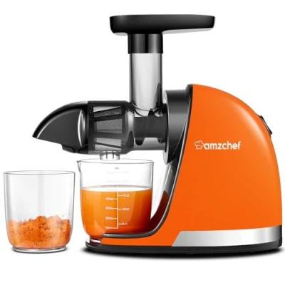 Immagine di AMZCHEF Estrattore Frutta e Verdura Di Succo A Freddo Masticazione Delicata Non C&#039;è Bisogno Filtrare Senza BPA con Due Tazze Pennello Arancione