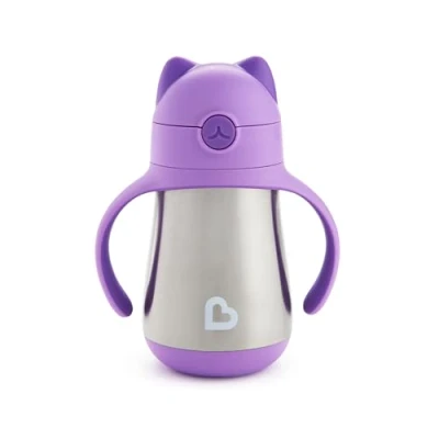 Immagine di Munchkin Stainless Steel Straw Cup, Cool Cat Design, Insulated Double Walled Beaker for Kids, Toddler Sippy Cup Babies 18+ Months, Drinking Bottle with Straw, Hot/Cold Drinks Purple (8oz/237ml)