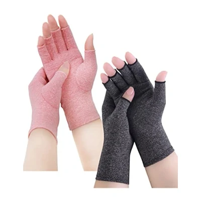 Immagine di 2 Paia Guanti Artrite Senza Dita Artrosi Reumatoide Compressione Gaming Terapia Mani Sindrome Raynaud per Computer Scaldamani Antiartrite (L, Grau+Rosa)