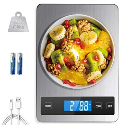 Immagine di HOWEIFULL Bilancia Cucina Digitale, 15 kg Ricaricabile da con ampia superficie di pesatura, 1g/0.04oz Alimenti precisione, 5 Unità, Acciaio Inossidabile