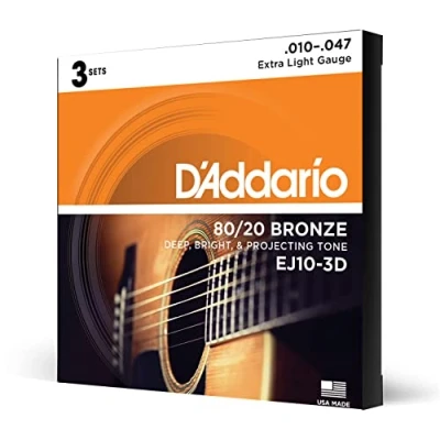 Immagine di D’Addario Corde per chitarra acustica, bronzo 80/20, a 6 corde, tono profondo, vivace, prominente, EJ10 3D, ultra leggere, 10 47, 3 confezioni