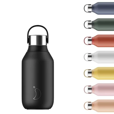 Immagine di Chilly&#039;s Bottle Series 2 Bottiglie Termiche in Acciaio Inossidabile con Colletto Liscio e Laccetto Abyss Black, 350ml