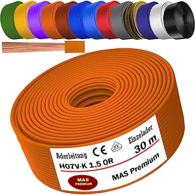 Immagine di Da 5 a 100 m di cavo H07 V K 1,5 mm² nero, azzurro, verde/giallo, verde, rosso, blu scuro, marrone, arancione, grigio, bianco, viola, oltremare o giallo, singolo flessibile (arancione, 30 m)