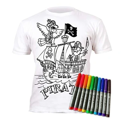Immagine di Splat Planet Maglietta da colorare con nave pirata Jolly Roger 10 pennarelli magici atossici lavabili e lavare
