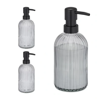 Immagine di Relaxdays Dispenser di Sapone Liquido in Vetro, Set da 3, Testa a Pompa, Ricaricabile, Dosatore Portasapone 400 ml, Nero, Plastica