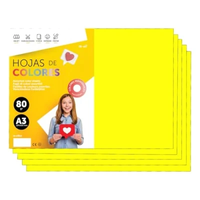 Immagine di Fogli Colorati A3 80g per Stampanti e Attività Manuali, Blocco di Carta Colorata Bambini, Pacchetto Biglietti m office (100 fogli, Giallo Fluor)