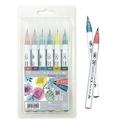 Immagine di Kuretake ZIG CLEAN COLOR Real Brush Set di 6 colori, penna a pennello flessibile, realizzata in Giappone (colori fumé)
