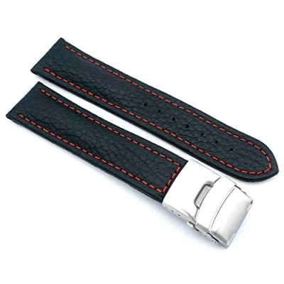 Immagine di Sulla Cinturino per orologio in vera pelle con fibbia deployante acciaio inox, cuciture bianche, Nero cucitura rossa, 20mm, cinghia