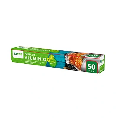 Immagine di Bayeco Carta in alluminio Extra resistente Conservazione e confezionamento degli alimenti Astuccio con sega da taglio agli strappi Elevata malleabilità Rotolo di 50 metri