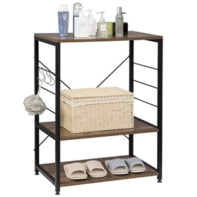 Immagine di eSituro Scaffale da Cucina o Bagno Industriale con Ganci e 3 Ripiani, Scaffalatura Porta Microonde Oggetti 60x40x82cm Nero+Noce SSTR0058