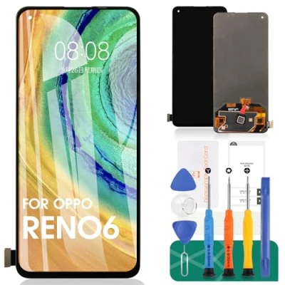 Immagine di OLED per Oppo Reno6/Reno 6 Display LCD di ricambio PEQM00, CPH2251, CPH2235, kit digitalizzatore touch senza cornice (nero, con impronte digitali, 4G/5G)