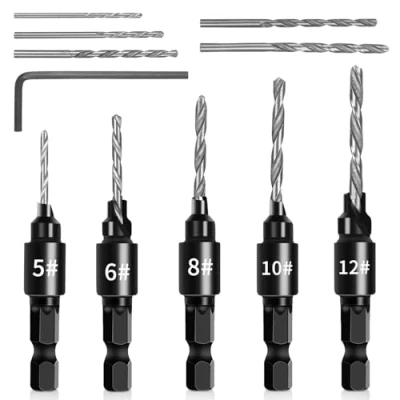 Immagine di Zhufas Set di 5 Punte da Trapano per Svasatore Smusso 1/4&quot; Regolabili Ricambio con Chiave Esagonale Kit Semplice e Usare la Lavorazione Legno