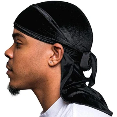 Immagine di Veeta Durag in morbido velluto per uomini e donne, cinghie lunghe doppie larghe, fodera setosa, tripla cucitura, Nero , Taglia unica