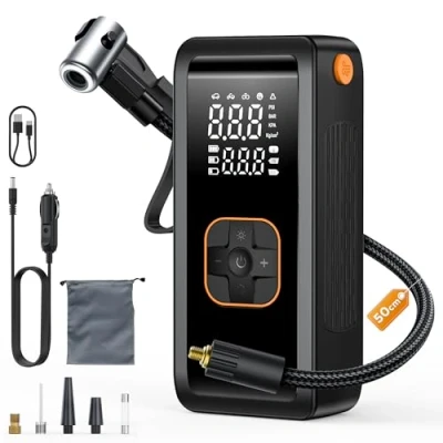 Immagine di BKXCHA Compressore Aria Portatile, 150PSI Mini Portatile Auto, Pompa d&#039;Aria per Bicicletta, Batteria Ricaricabile Gonfiatore Ruote Auto con Luce LED Moto, Palla