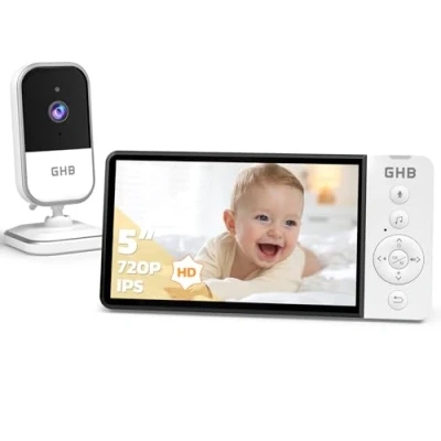Immagine di GHB Baby Monitor Video e Audio 5&quot; 720P HD 5000mAh IPS Schermo, Telecamera Bambini con VOX Visione Notturna Rilevamento della Temperatura