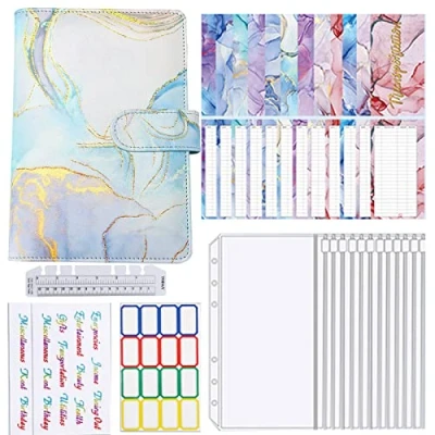 Immagine di Raccoglitori ad Anelli A6 Budget Binder Planner Agenda con 12 Buste Porta Soldi Cash Stuffing Raccoglitore per Risparmi di Contanti Organizzatore Trasparenti (Blu)