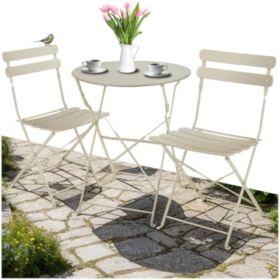 Immagine di TecTake® Set Bistrot Pieghevole per 2 Persone con Telaio in Acciaio, Tavolo e Sedie da Giardino, Balcone Terrazzo, Salottino Esterno Design Elegante Cappuccino