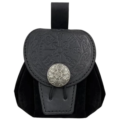 Immagine di HiiFeuer Marsupio da cintura in cuoio sintetico con rilievi medievali, Borsa portatile retrò rinascimentale Portamonete per dadi LARP Ren Faire