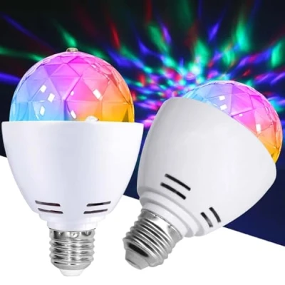Immagine di 2 luci a LED per feste, E27, 3 W, RGB, sfera da discoteca, rotazione 360, attacco lampadine matrimoni, feste di compleanno, Halloween, Natale